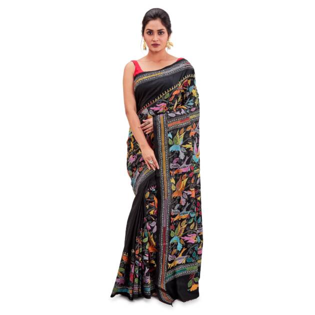 PRANTIKA Women's Pure Bangalore Silk Handloom Kantha Stitch Saree K246AA