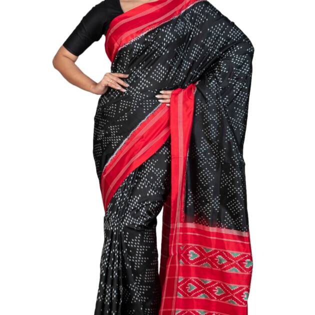 Bengal looms India Weaves of Elegance Twill Ikkat Pochampally Silk Saree For Women in Black, Red, Off White and English Green