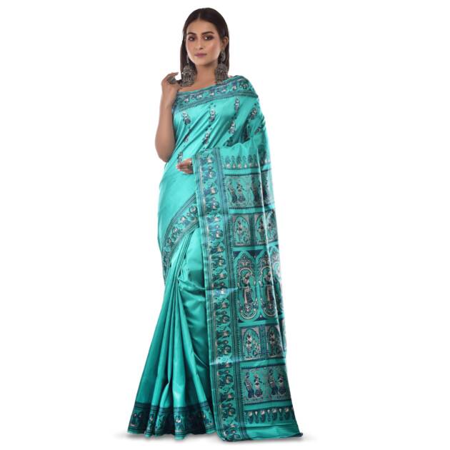 PRANTIKA Women's Bishnupuri Katan Silk Meenakari Baluchari Swarnachari Bengal Saree Sea Green