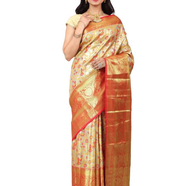 HerClozet Women's Kanchipuram Silk Pattu Sarees(Golden;Red)
