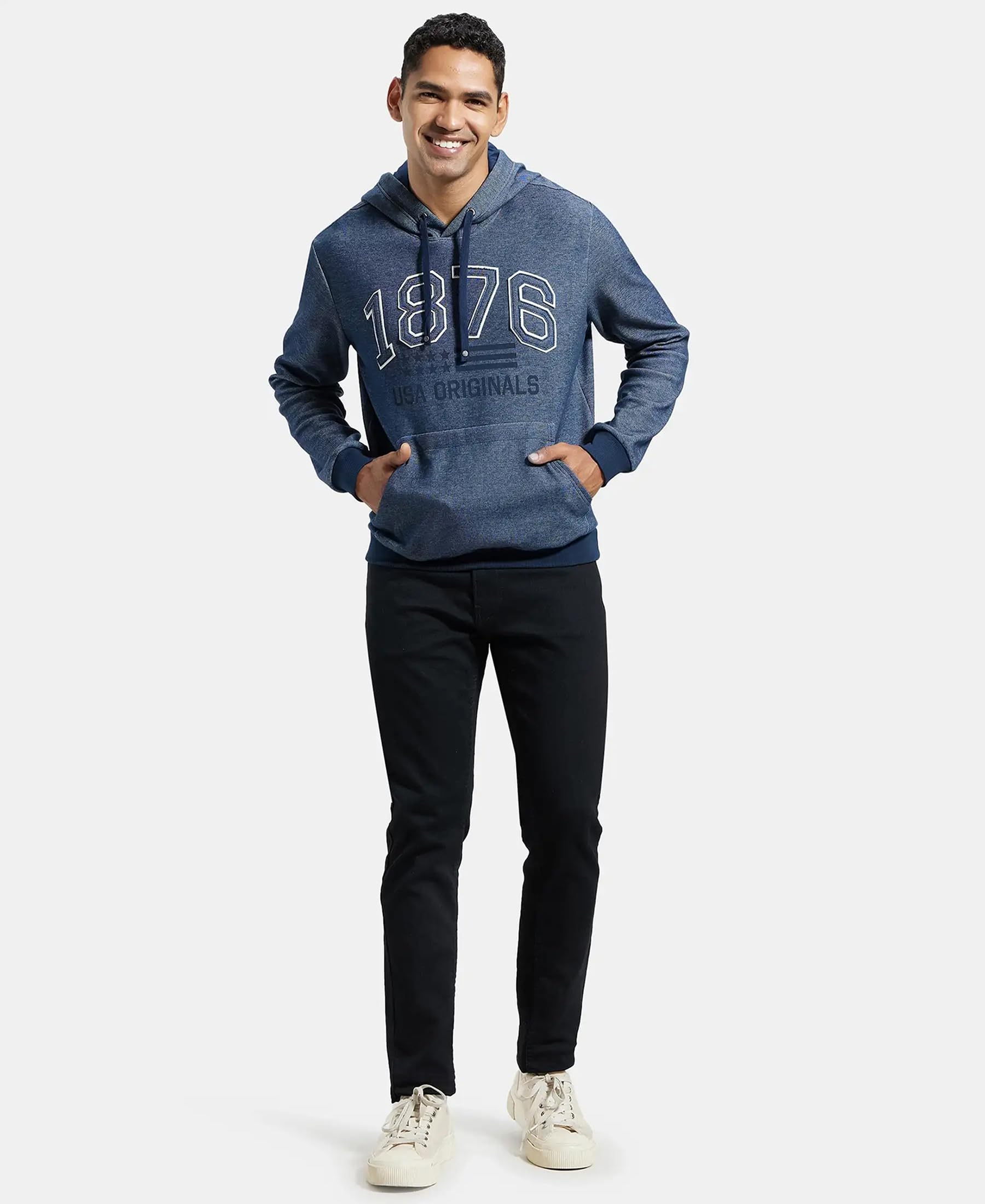 Jockey UM22 Men's Super Combed Cotton Rich Printed Hoodie Sweatshirt with Ribbed Cuffs and Side Pockets (Prints May Vary)_Navy_XL - Image 4