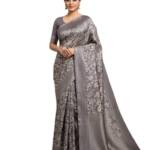 Charcoal Grey Handloom-Inspired Silk Saree Adorned with Crimson Floral Jaal Motifs and Traditional Silver Zari Border
