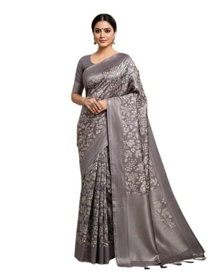 Charcoal Grey Handloom-Inspired Silk Saree Adorned with Crimson Floral Jaal Motifs and Traditional Silver Zari Border