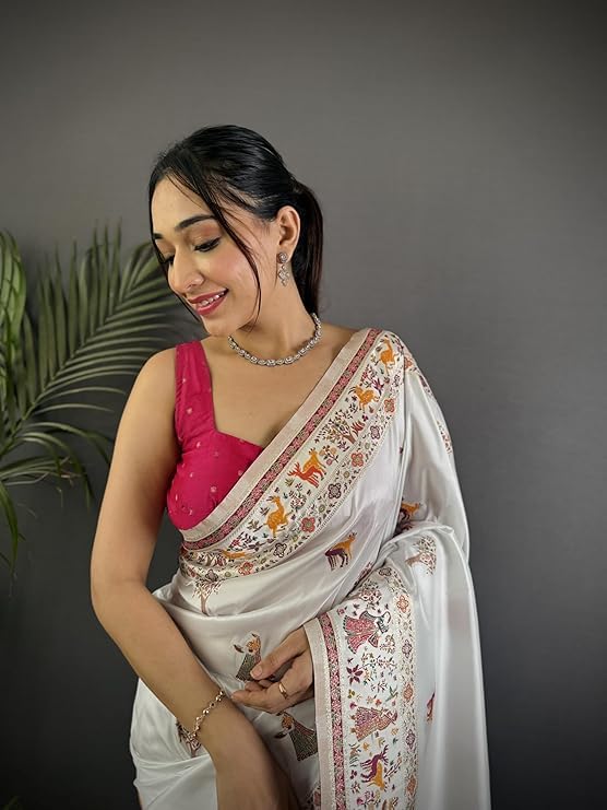 Veglari Women's Kanchivaram Pure Soft Silk Pashmina Balaji Print Original Kanjivaram Hand Wewing Pattu Silk Sarees With Fancy Zaalar And Blouses Piecs For Wedding - Image 4