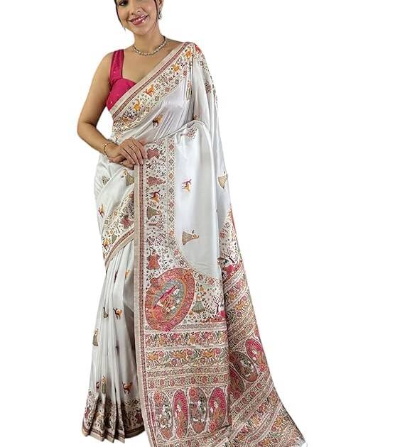 Veglari Women's Kanchivaram Pure Soft Silk Pashmina Balaji Print Original Kanjivaram Hand Wewing Pattu Silk Sarees With Fancy Zaalar And Blouses Piecs For Wedding