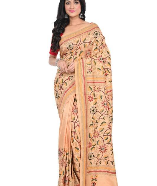 Tantuja Bengal Handloom Kantha Lightweight Comfortable Hand Woven Printed Silk Ethnic Wear Saree For Women'S With Blouse Piece, (Saree-5.5Mtr, Blouse-0.80 Meter)