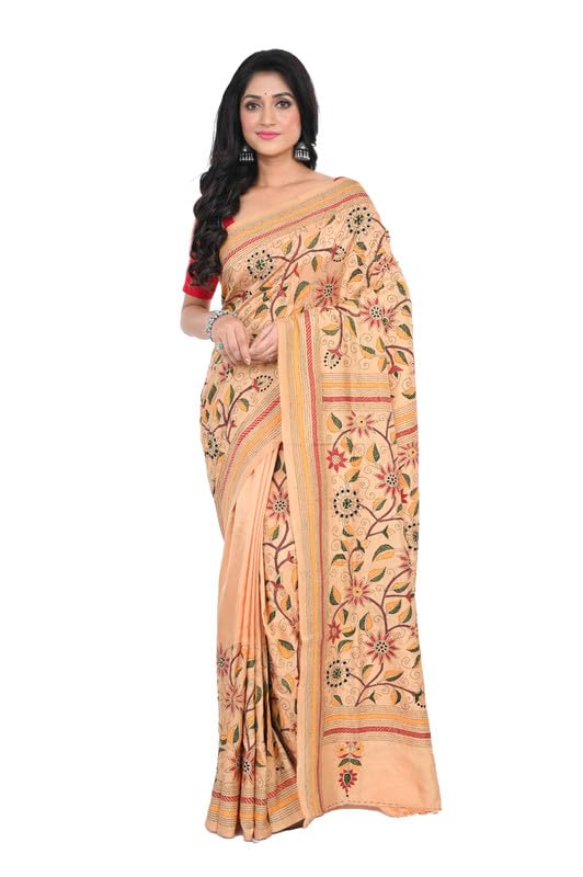 Tantuja Bengal Handloom Kantha Lightweight Comfortable Hand Woven Printed Silk Ethnic Wear Saree For Women'S With Blouse Piece, (Saree-5.5Mtr, Blouse-0.80 Meter)
