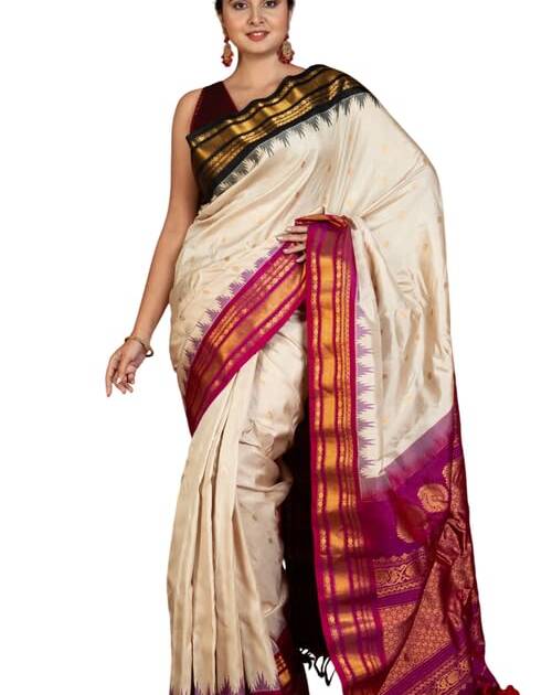 Exclusive Woven Ganga Jamuna Border Gadwal Silk Saree in Pearl Bush, Onyx Black, Purplish Red and Golden Zari Weave - Ethnic Wear for Wedding, Office, Party, Pooja & Festivals