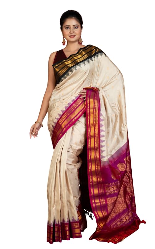 Exclusive Woven Ganga Jamuna Border Gadwal Silk Saree in Pearl Bush, Onyx Black, Purplish Red and Golden Zari Weave - Ethnic Wear for Wedding, Office, Party, Pooja & Festivals