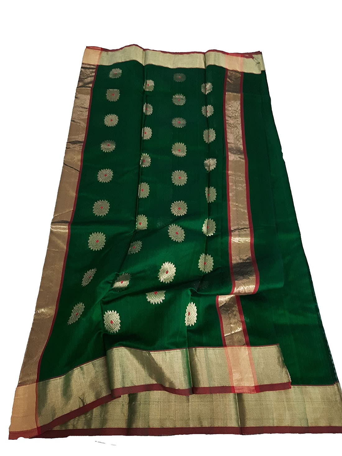 HerClozet pure Chanderi premuim Handwoven EKNAL Silk Saree (Green; Golden; Red) - Image 3