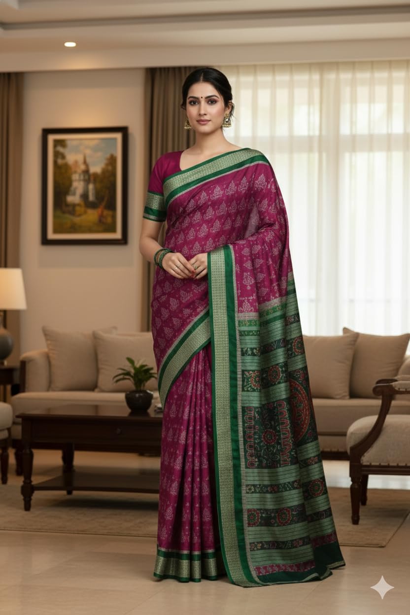 Mix Silk Sambalpuri Pata Saree with Blouse Piece 5.40m x 45" Ikat Weave Women Festive Ethnic Wear Pink Green Odisha Handloom - Image 5