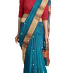 HerClozet pure chanderi Premium Dual shaded Handwoven katan Silk Saree (Turquoise,Red Golden)