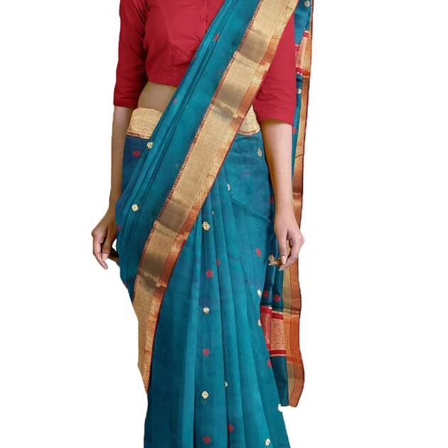 HerClozet pure chanderi Premium Dual shaded Handwoven katan Silk Saree (Turquoise,Red Golden)