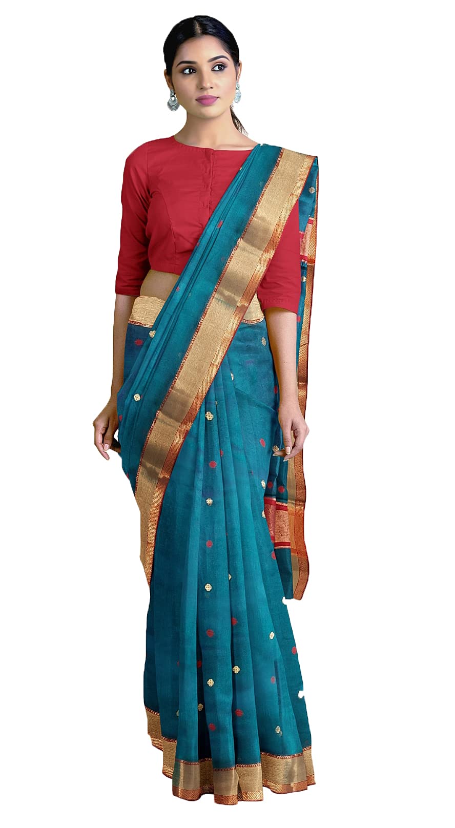 HerClozet pure chanderi Premium Dual shaded Handwoven katan Silk Saree (Turquoise,Red Golden)