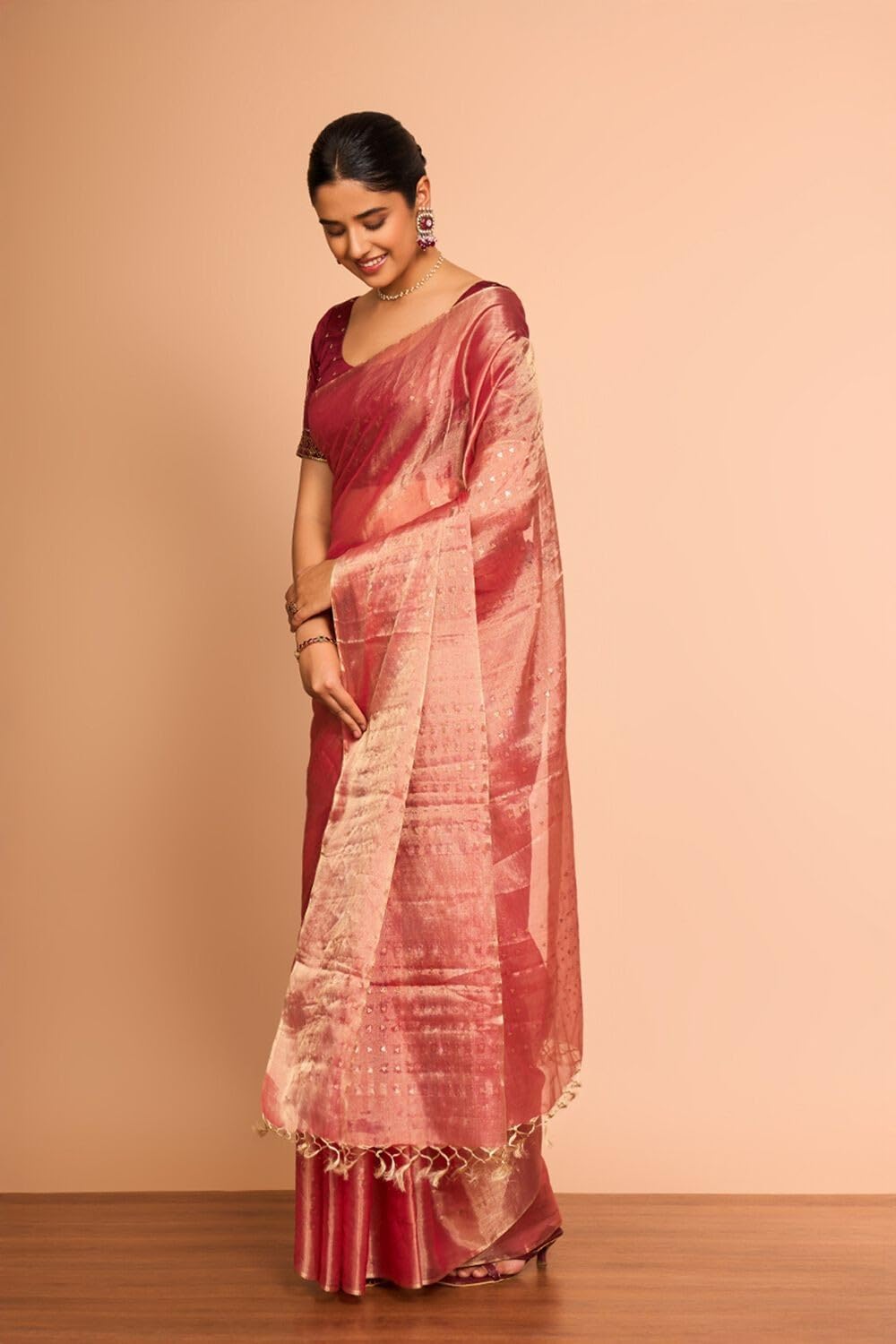 Taneira Light Red Pure Tissue Cotton Contemporary Woven Saree - Image 5