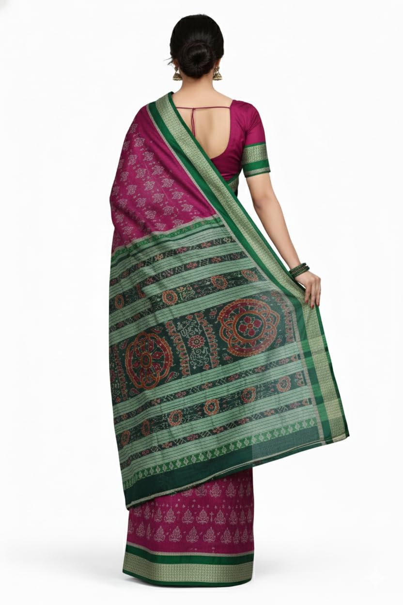 Mix Silk Sambalpuri Pata Saree with Blouse Piece 5.40m x 45" Ikat Weave Women Festive Ethnic Wear Pink Green Odisha Handloom - Image 6