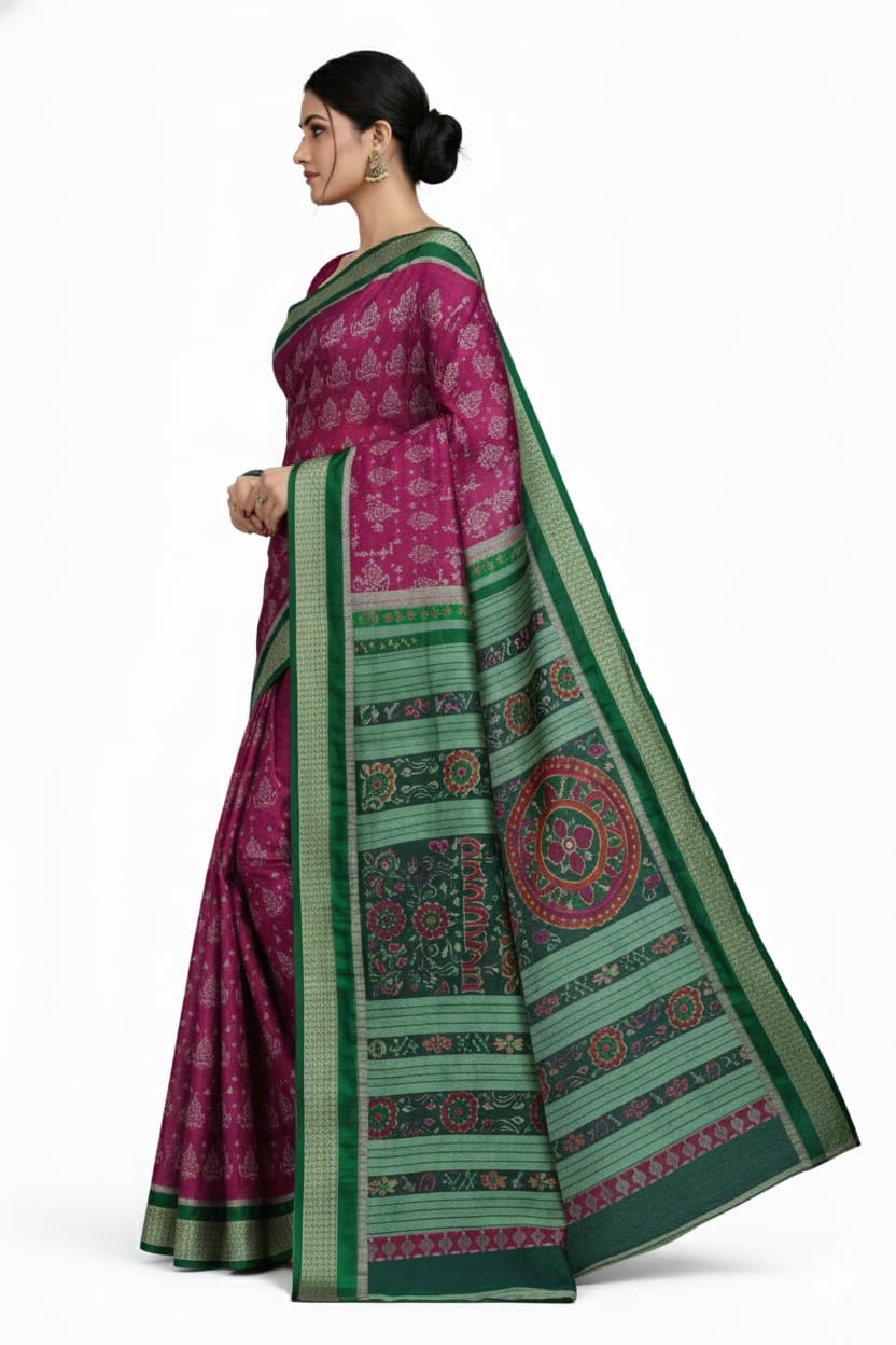 Mix Silk Sambalpuri Pata Saree with Blouse Piece 5.40m x 45" Ikat Weave Women Festive Ethnic Wear Pink Green Odisha Handloom - Image 7