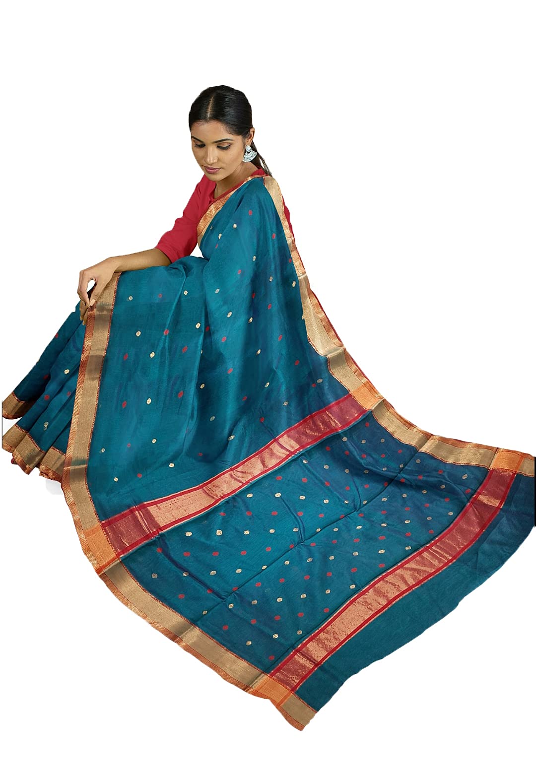 HerClozet pure chanderi Premium Dual shaded Handwoven katan Silk Saree (Turquoise,Red Golden) - Image 2