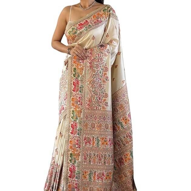 Veglari Women's Kanchivaram Kanchi Pattu Kanjivaram Pure Cotton Original Pashmina Silk Handwiving Sarees With Blouses Piecs For Wedding