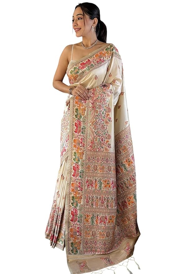 Veglari Women's Kanchivaram Kanchi Pattu Kanjivaram Pure Cotton Original Pashmina Silk Handwiving Sarees With Blouses Piecs For Wedding