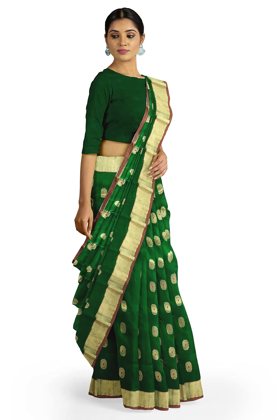 HerClozet pure Chanderi premuim Handwoven EKNAL Silk Saree (Green; Golden; Red) - Image 8