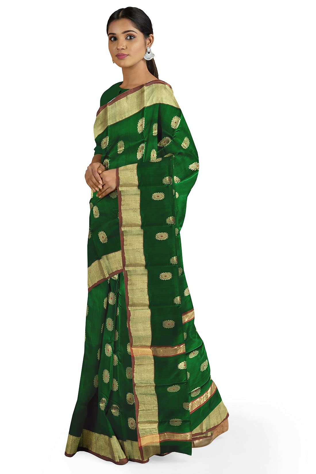 HerClozet pure Chanderi premuim Handwoven EKNAL Silk Saree (Green; Golden; Red) - Image 6
