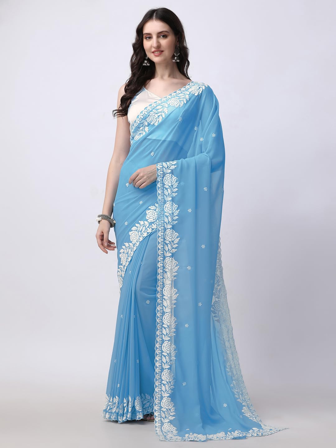 HESVI Women's Georgette Embroidery Border Work Saree with Blouse Piece (Sky Blue) - Image 3