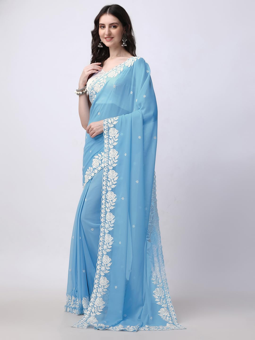HESVI Women's Georgette Embroidery Border Work Saree with Blouse Piece (Sky Blue) - Image 2