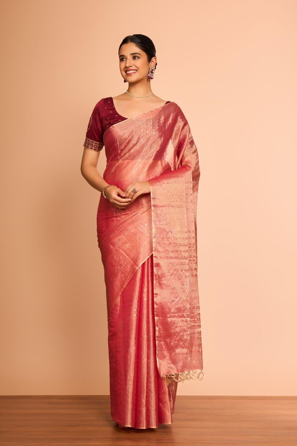 Taneira Light Red Pure Tissue Cotton Contemporary Woven Saree - Image 6
