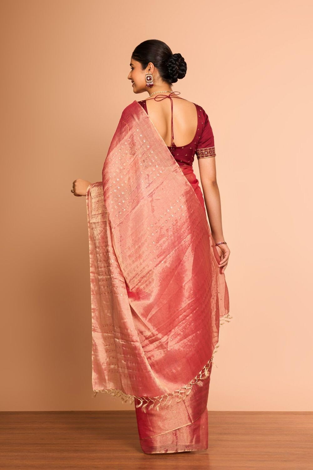 Taneira Light Red Pure Tissue Cotton Contemporary Woven Saree - Image 4