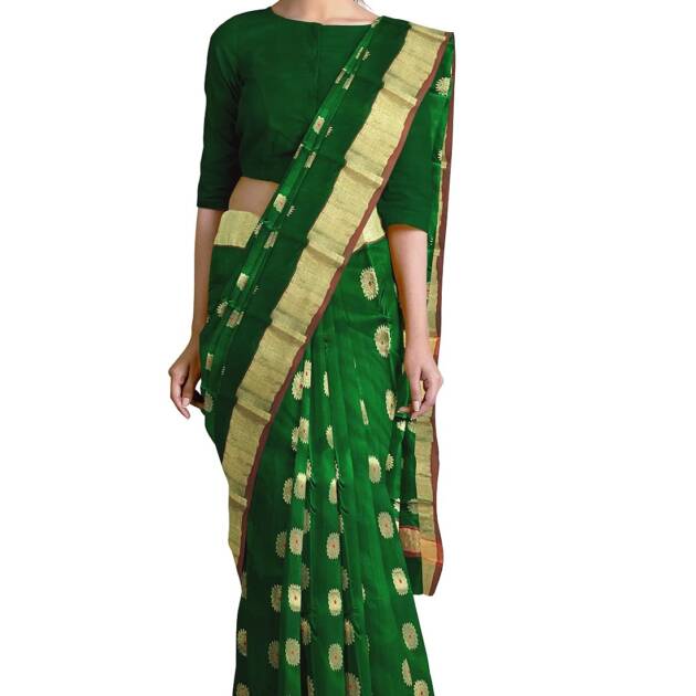 HerClozet pure Chanderi premuim Handwoven EKNAL Silk Saree (Green; Golden; Red)