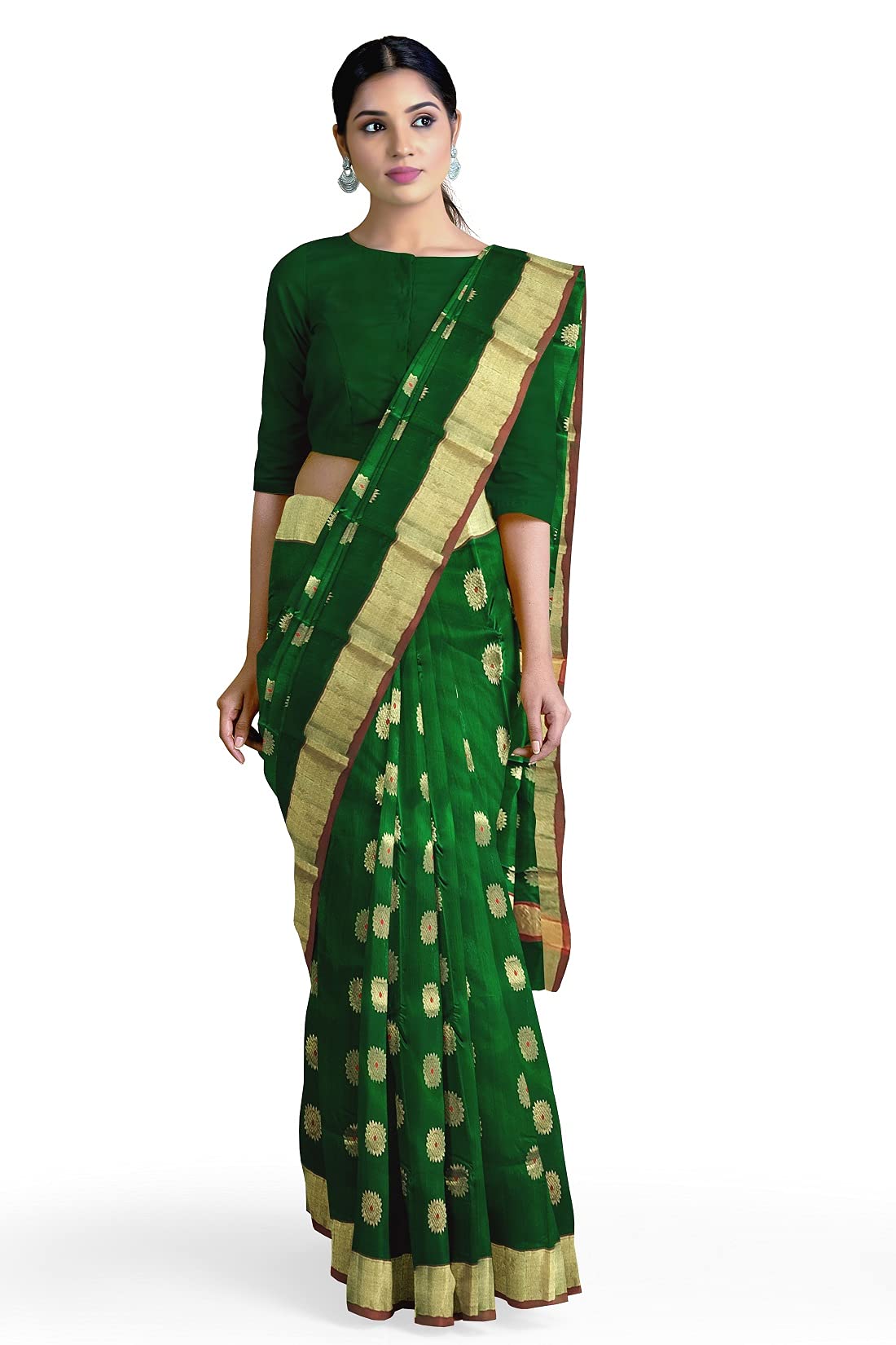 HerClozet pure Chanderi premuim Handwoven EKNAL Silk Saree (Green; Golden; Red)