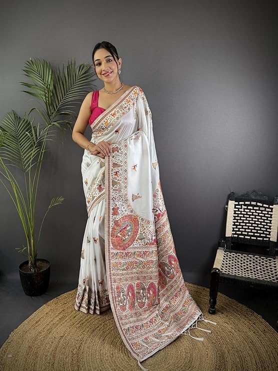 Veglari Women's Kanchivaram Pure Soft Silk Pashmina Balaji Print Original Kanjivaram Hand Wewing Pattu Silk Sarees With Fancy Zaalar And Blouses Piecs For Wedding - Image 3