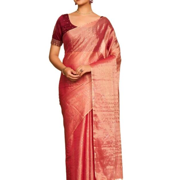Taneira Light Red Pure Tissue Cotton Contemporary Woven Saree