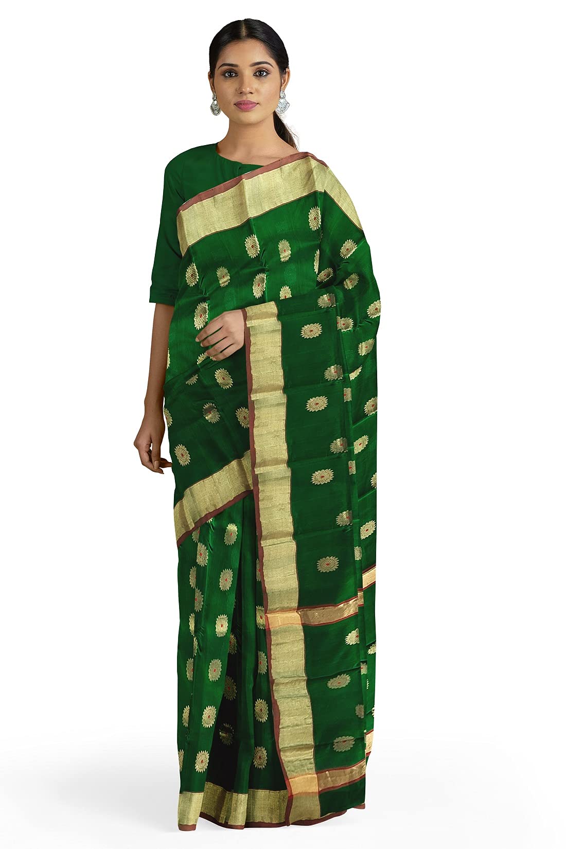 HerClozet pure Chanderi premuim Handwoven EKNAL Silk Saree (Green; Golden; Red) - Image 7