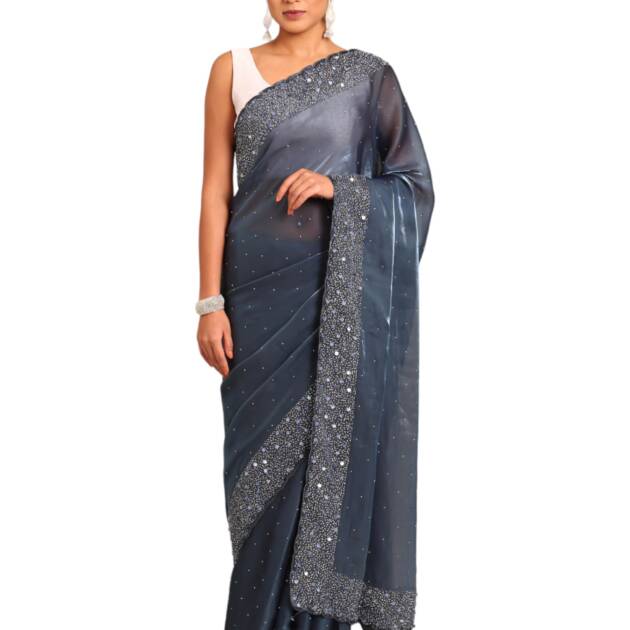 MOHEY Grey Organza Embroidery|Stone Work Saree for Women