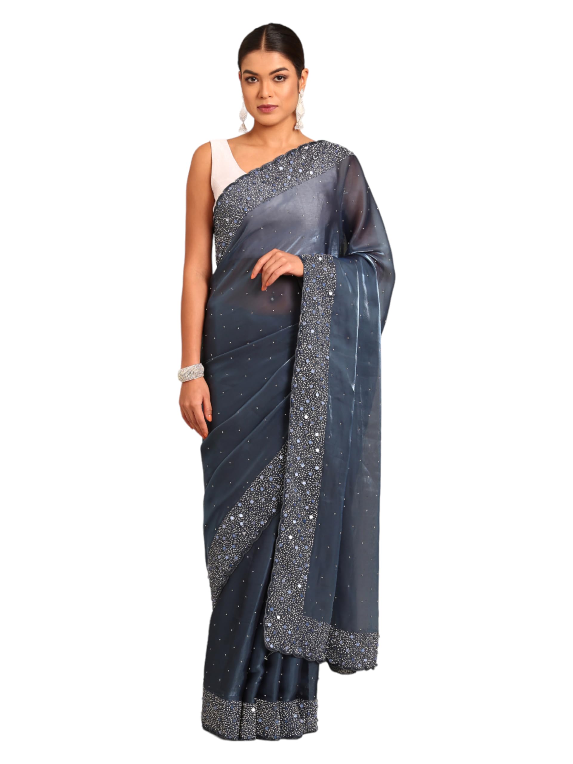 MOHEY Grey Organza Embroidery|Stone Work Saree for Women