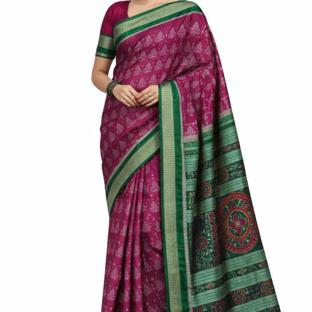 Mix Silk Sambalpuri Pata Saree with Blouse Piece 5.40m x 45" Ikat Weave Women Festive Ethnic Wear Pink Green Odisha Handloom