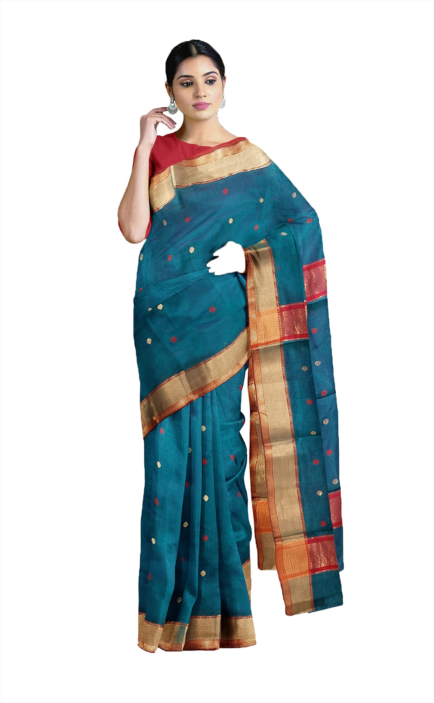 HerClozet pure chanderi Premium Dual shaded Handwoven katan Silk Saree (Turquoise,Red Golden) - Image 7