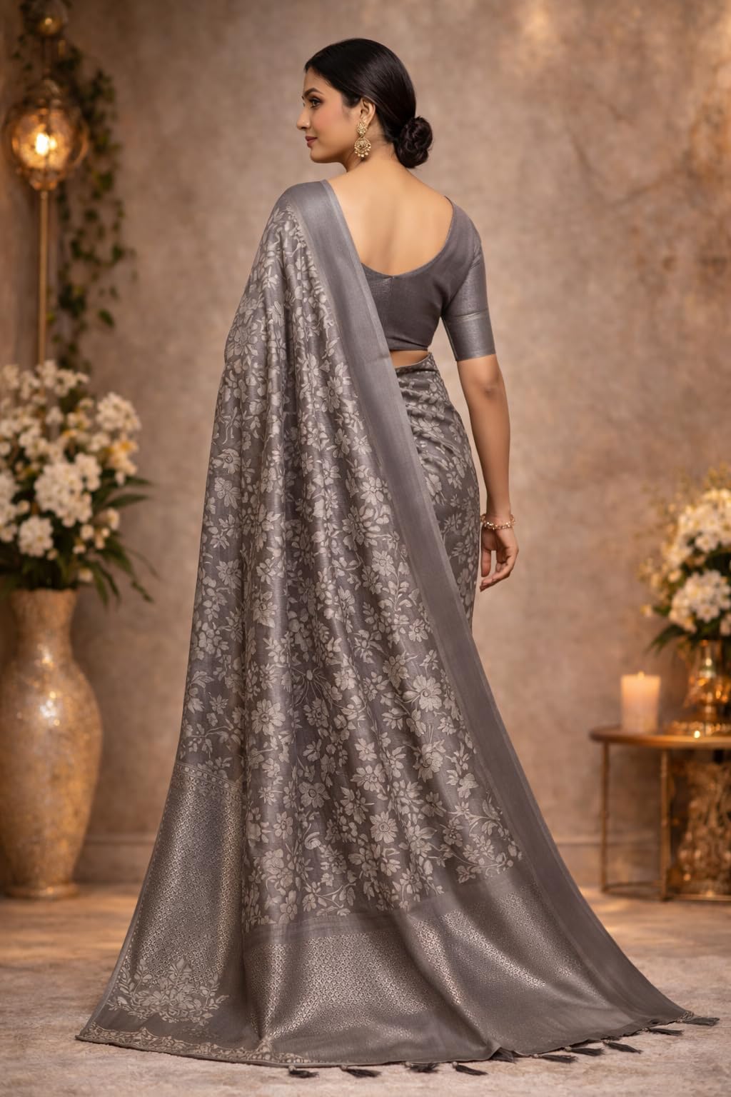 Charcoal Grey Handloom-Inspired Silk Saree Adorned with Crimson Floral Jaal Motifs and Traditional Silver Zari Border - Image 2