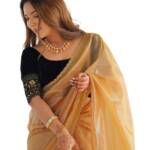 SIRIL Women's Shimmer Net Sequence Embroidery Saree Lace with Unstitched blouse Piece (3997S131AA_Light Brown)