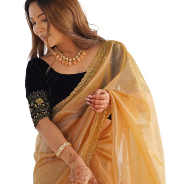 SIRIL Women's Shimmer Net Sequence Embroidery Saree Lace with Unstitched blouse Piece (3997S131AA_Light Brown)
