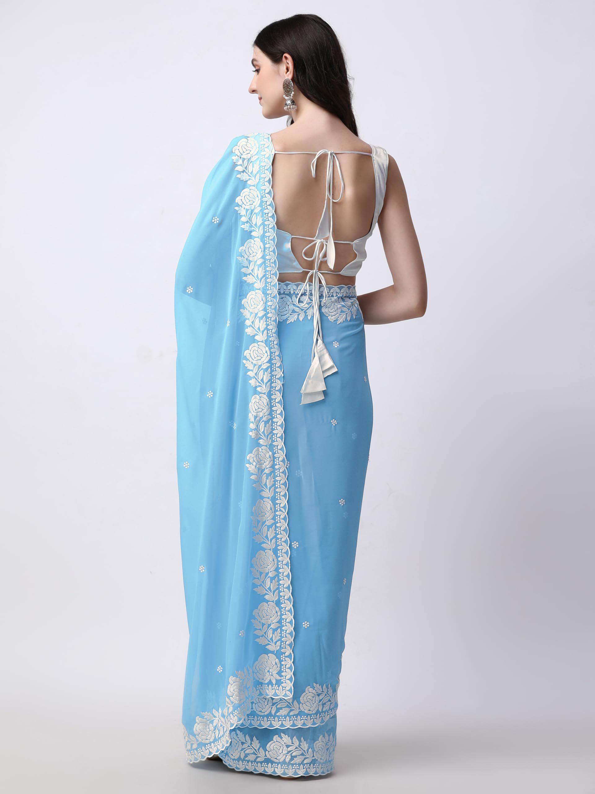 HESVI Women's Georgette Embroidery Border Work Saree with Blouse Piece (Sky Blue) - Image 8