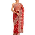 MOHEY Women's Net Embroidery|Stone Work|Thread Work|Zari Saree (Red)