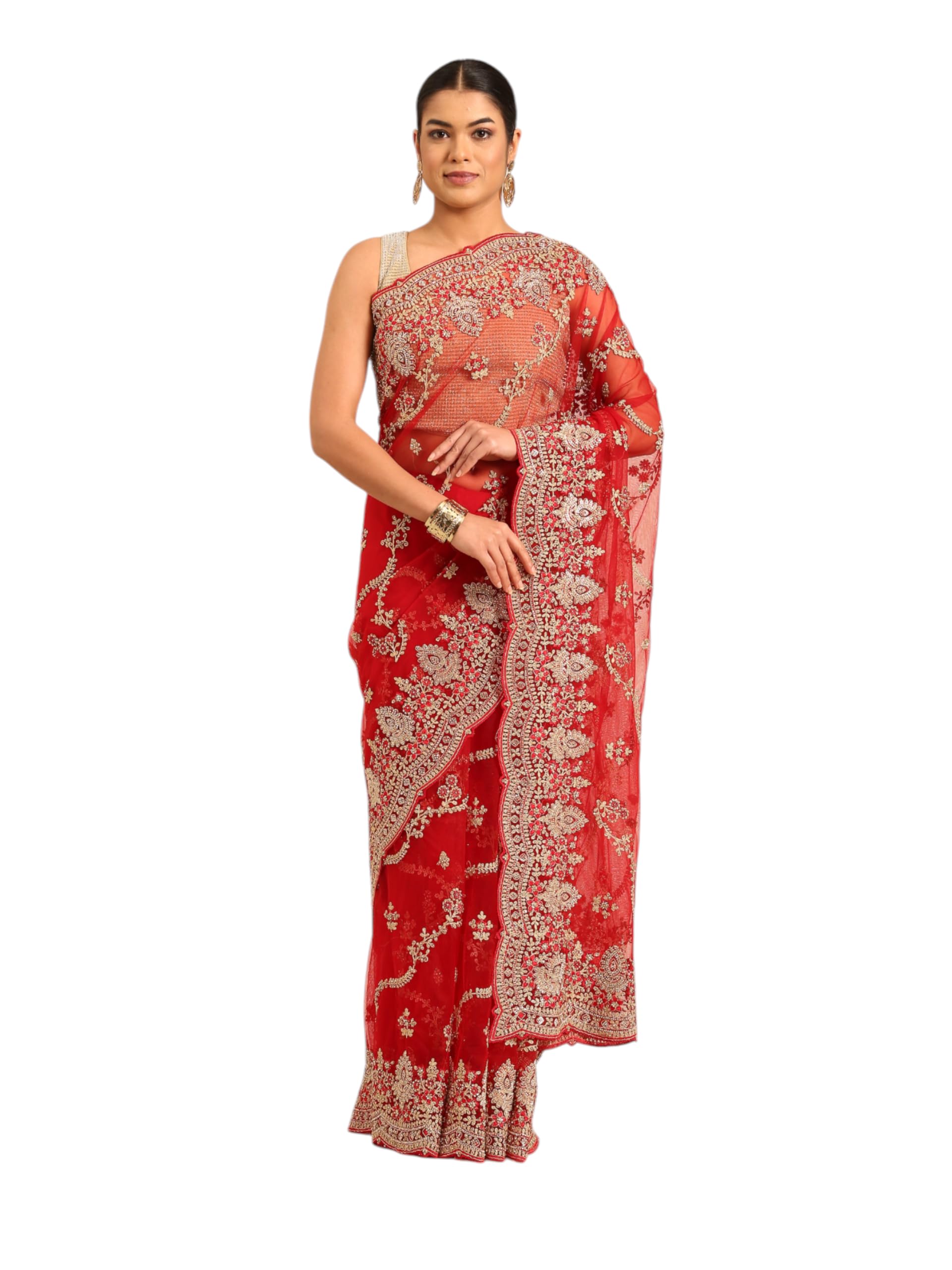 MOHEY Women's Net Embroidery|Stone Work|Thread Work|Zari Saree (Red)