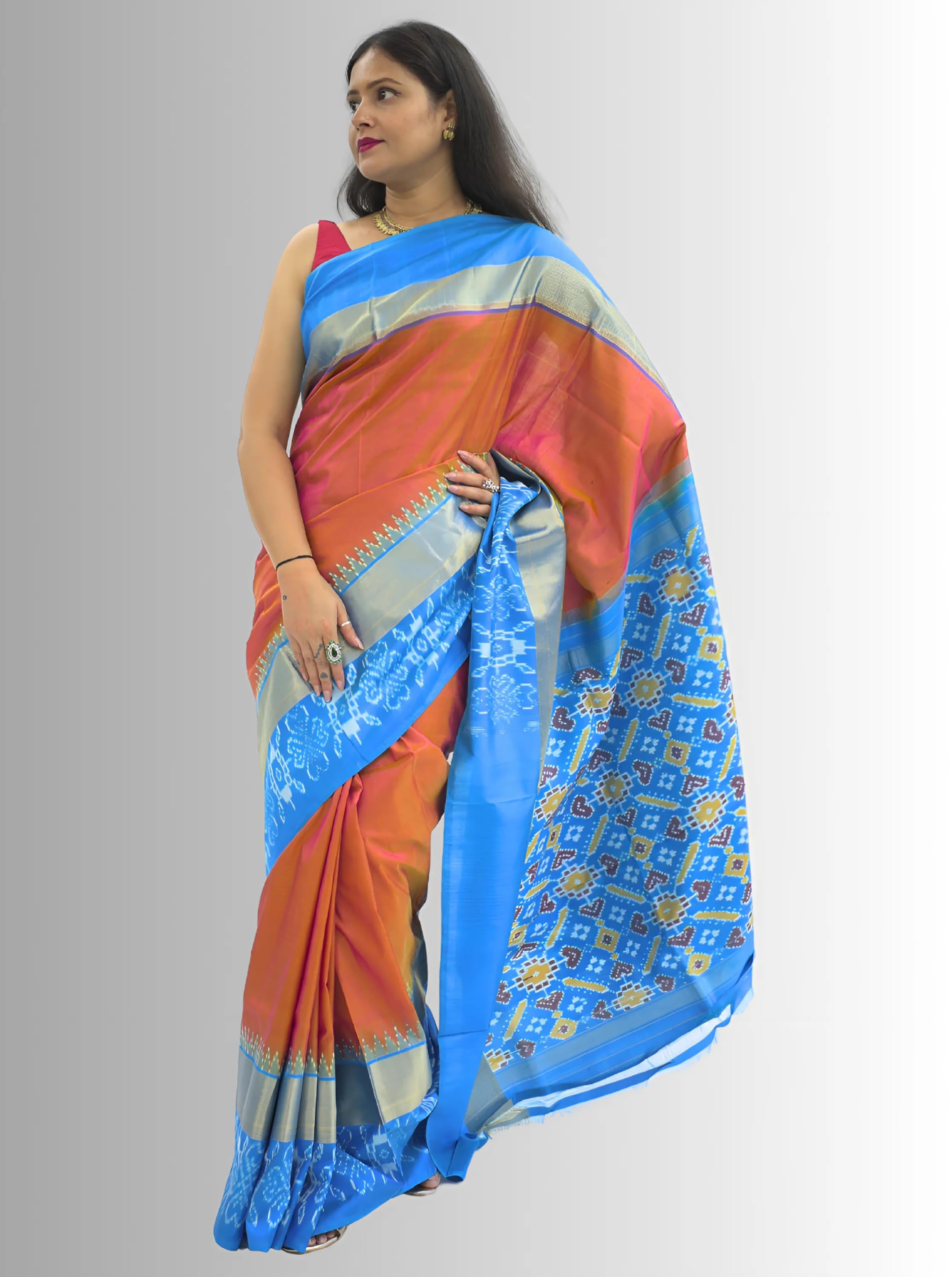 Pure handloom Pochampalli Double Ikkat Silk Orange Red Color Saree - Image 5
