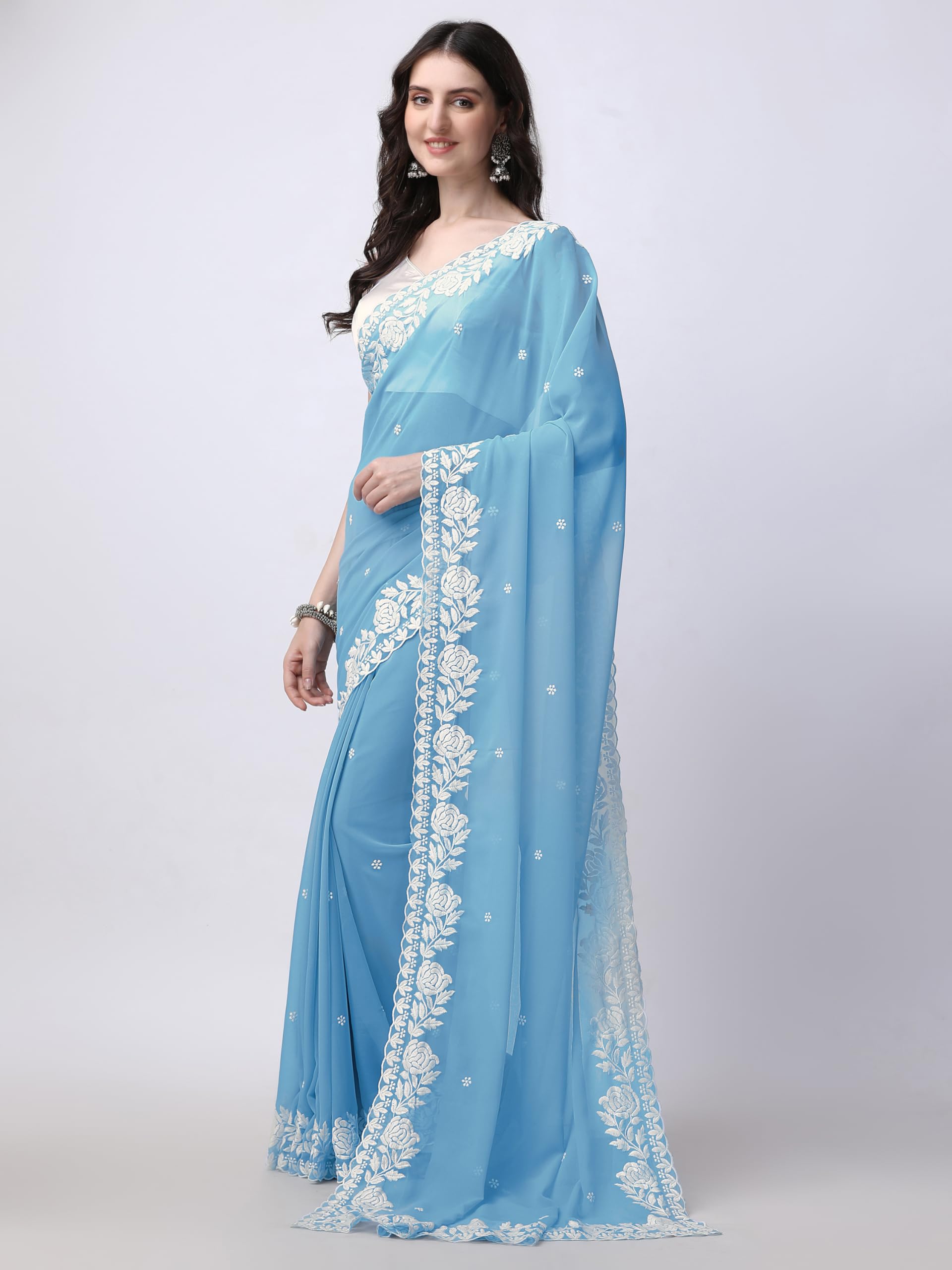 HESVI Women's Georgette Embroidery Border Work Saree with Blouse Piece (Sky Blue) - Image 7