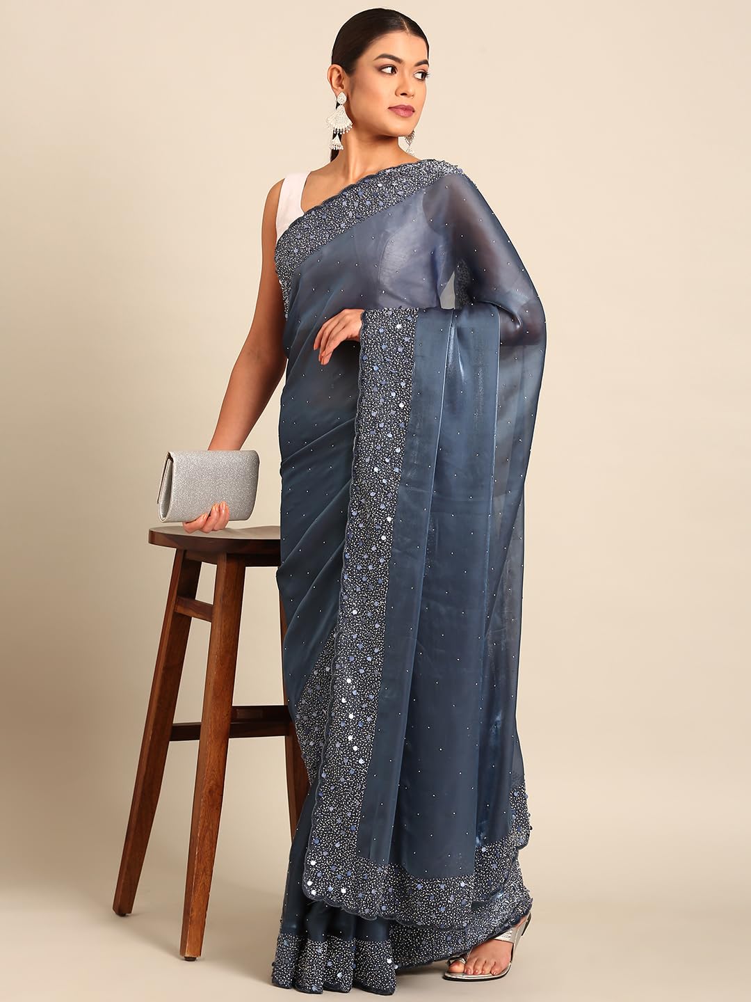 MOHEY Grey Organza Embroidery|Stone Work Saree for Women - Image 8
