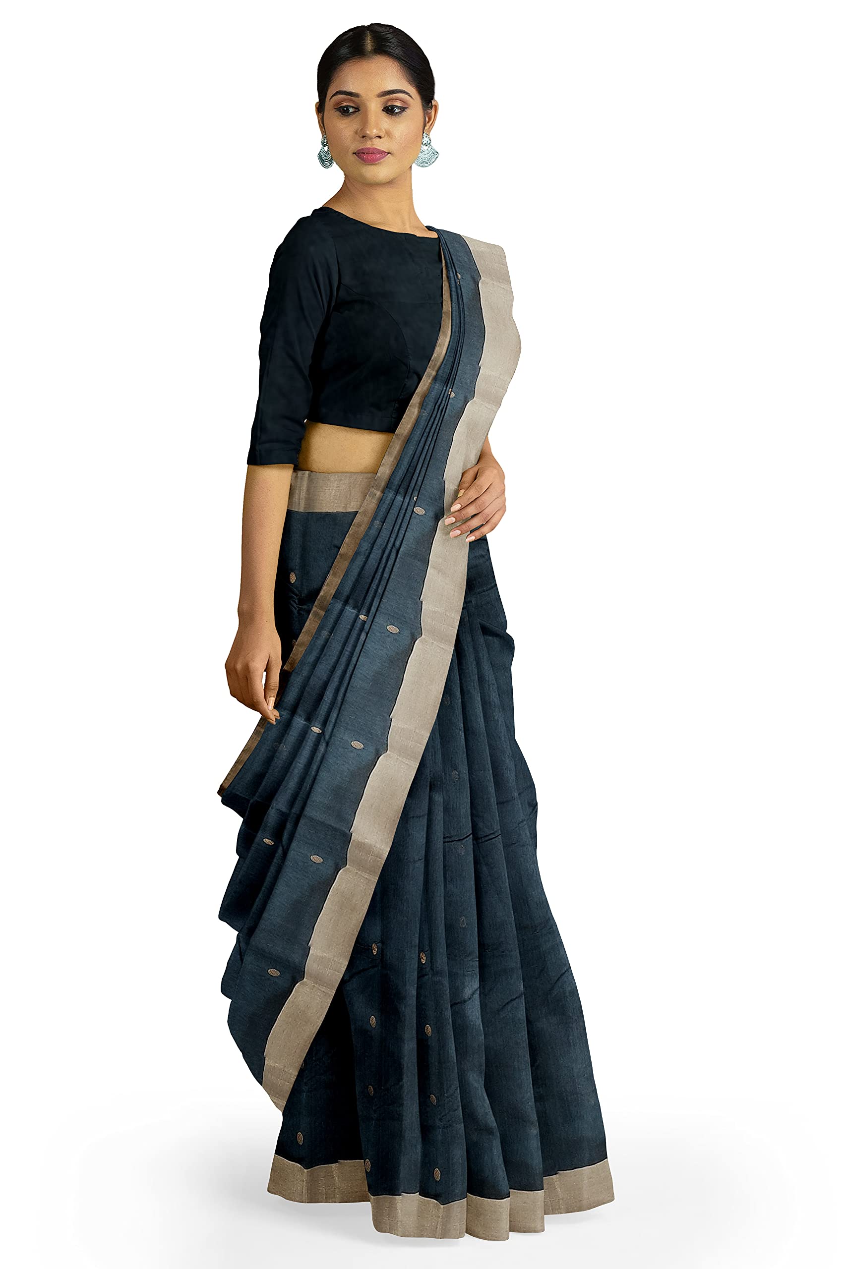 HerClozet pure chanderi Premium Handwoven EKNAL Silk Saree (Grey; Golden) - Image 4
