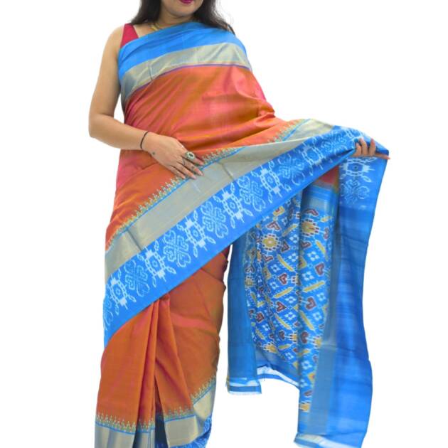 Pure handloom Pochampalli Double Ikkat Silk Orange Red Color Saree